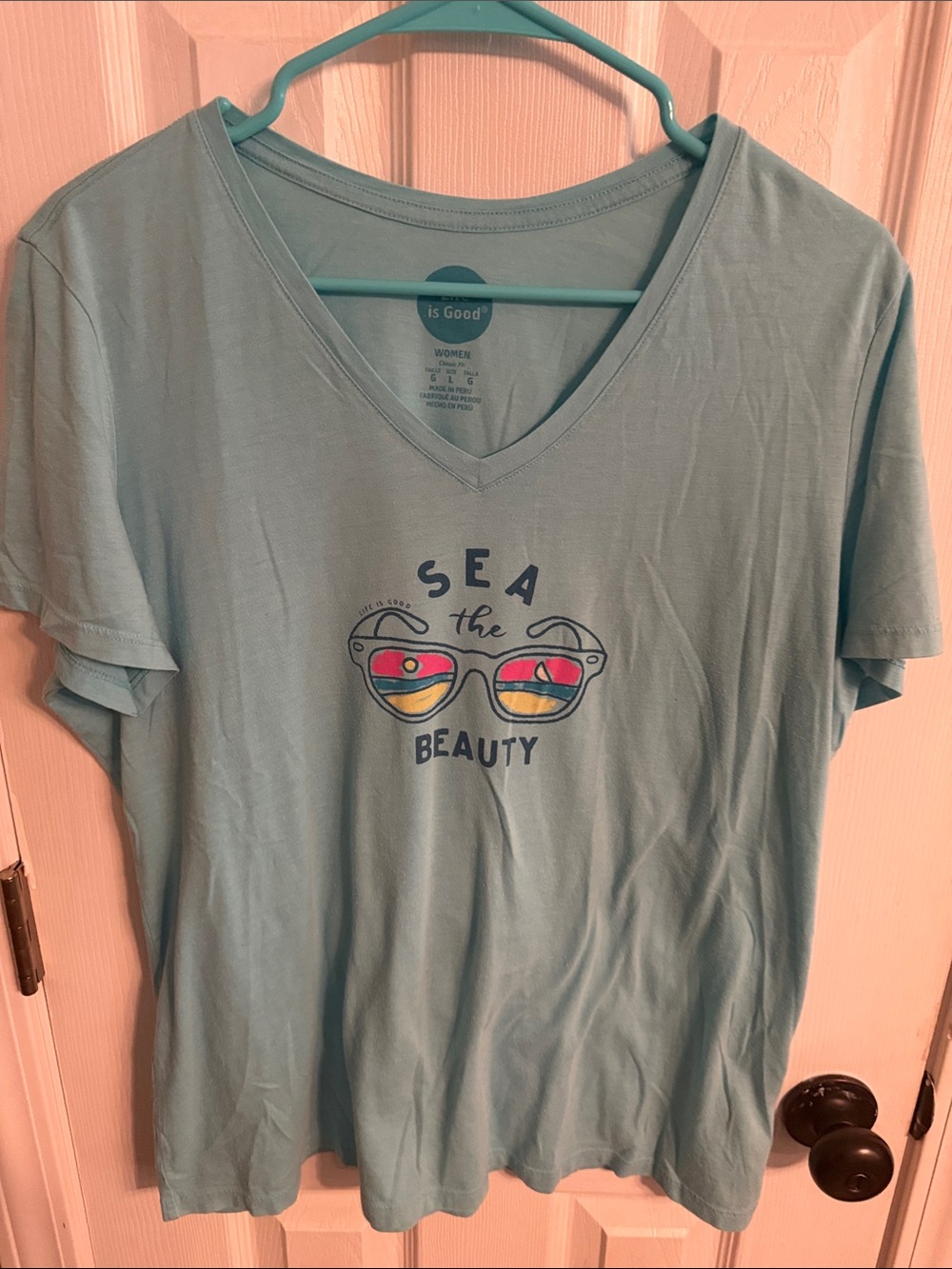 Life is Good Sea the Beauty Graphic V-Neck Tee - Teal